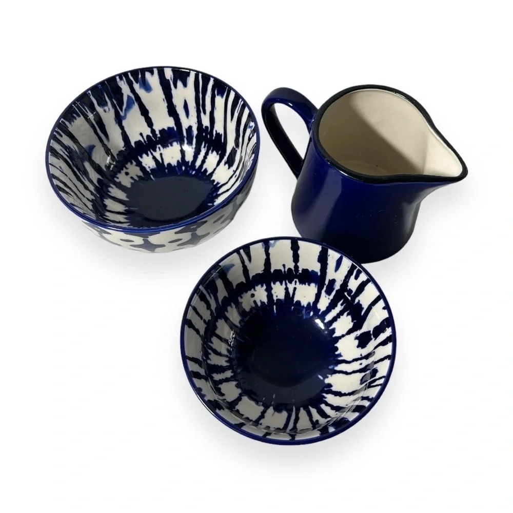 West Elm Indigo‎ Blue Tie-dye Ceramic Nesting Bowls and Colbalt Blue Pitcher